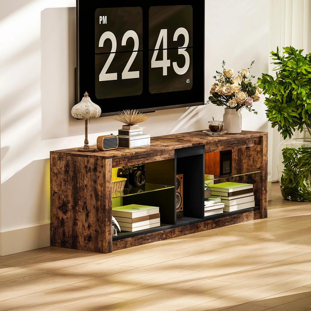 HOMCOM TV Stand Cabinet with LED Lights and Remote Control for TVs up to 65", Entertainment Centre with Storage Shelves and Compartment, Rustic Brown Additional View 8