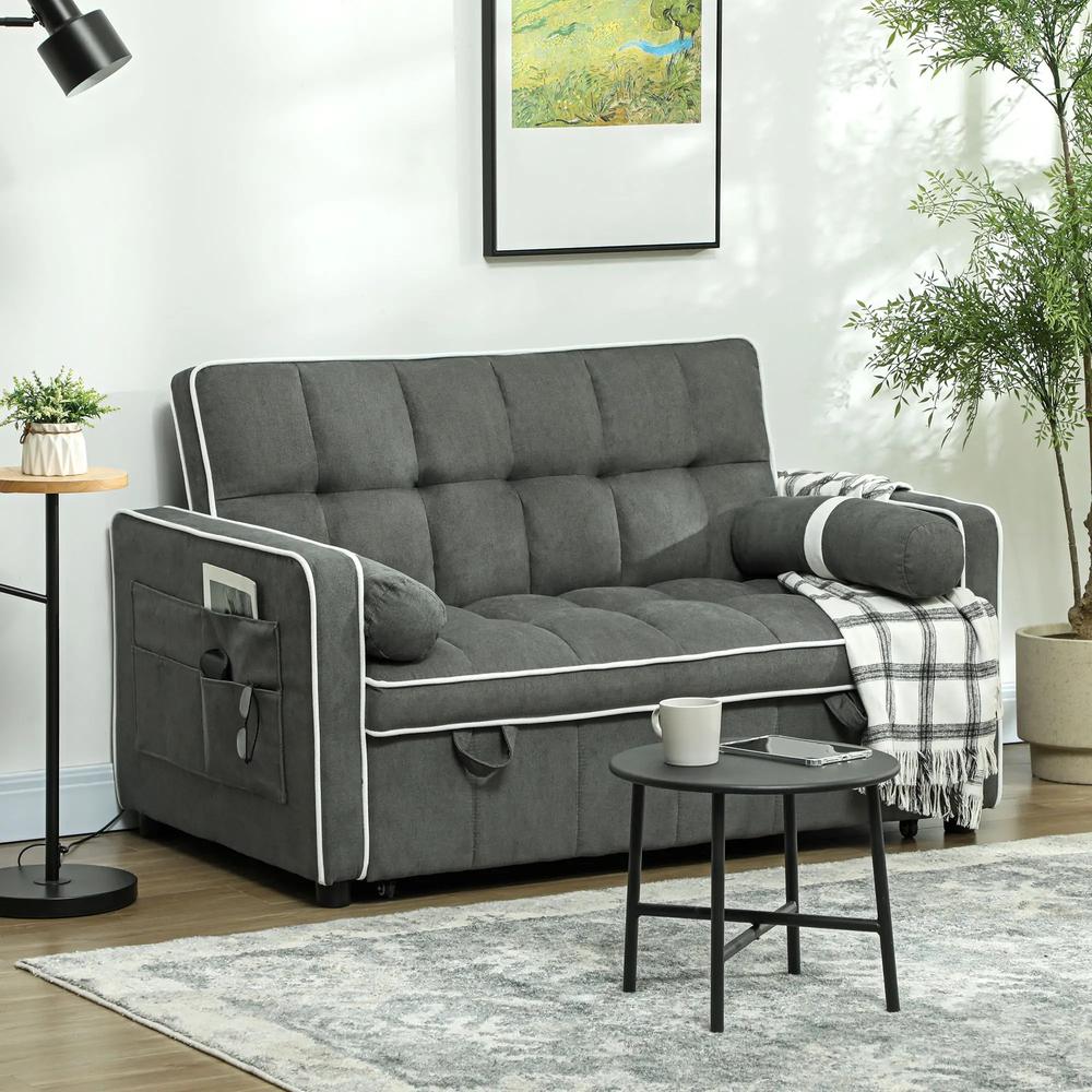 HOMCOM Two-Seater Linen-Look Sofa Bed - Charcoal Grey Additional View 2