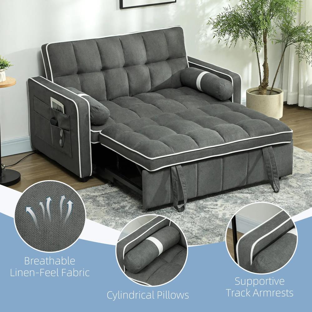 HOMCOM Two-Seater Linen-Look Sofa Bed - Charcoal Grey Additional View 6