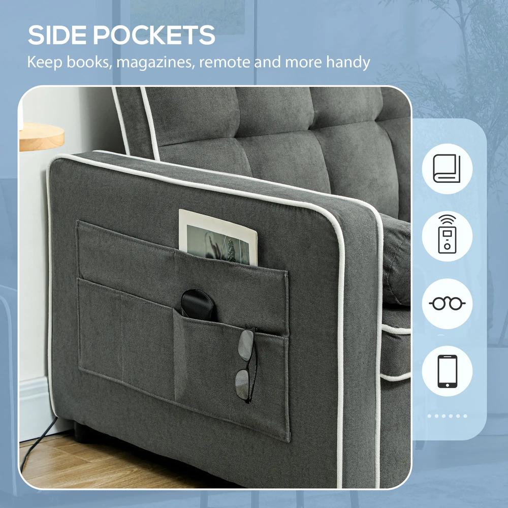 HOMCOM Two-Seater Linen-Look Sofa Bed - Charcoal Grey Additional View 7