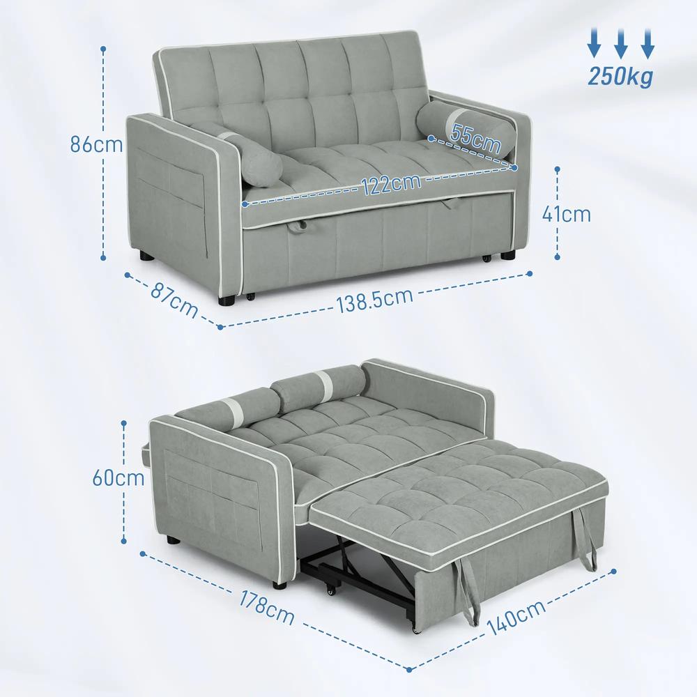 HOMCOM Two-Seater Linen-Look Sofa Bed - Light Grey Additional View 3