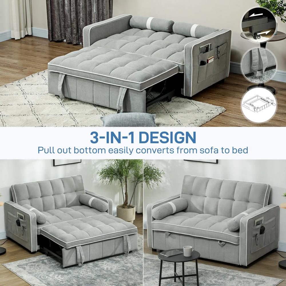 HOMCOM Two-Seater Linen-Look Sofa Bed - Light Grey Additional View 4