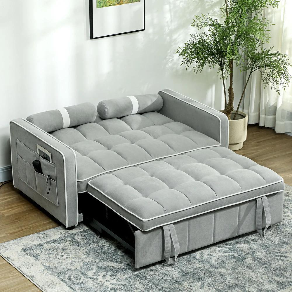 HOMCOM Two-Seater Linen-Look Sofa Bed - Light Grey Additional View 8