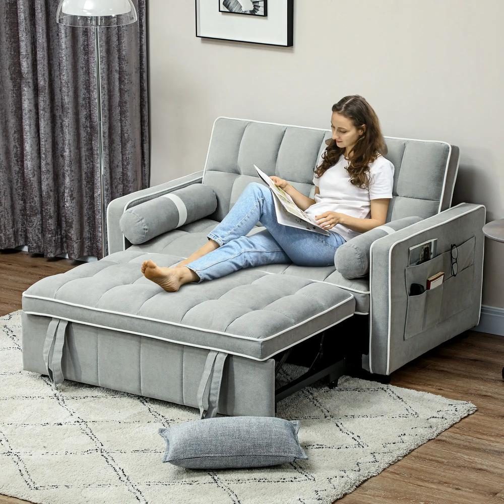 HOMCOM Two-Seater Linen-Look Sofa Bed - Light Grey Additional View 10