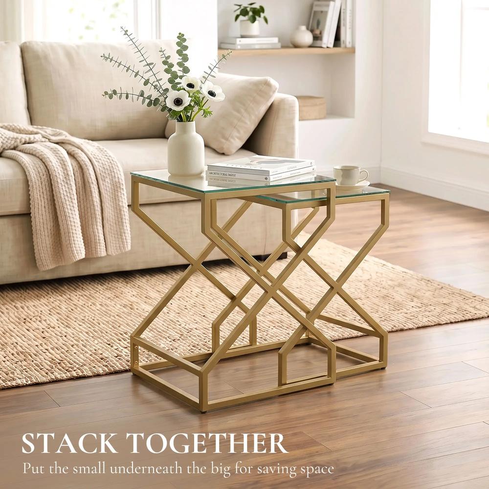 HOMCOM Nest of Tables, Side Table Set of 2 with Transparent Top, Coffee Table Set with Tempered Glass Top, Transparent Additional View 5