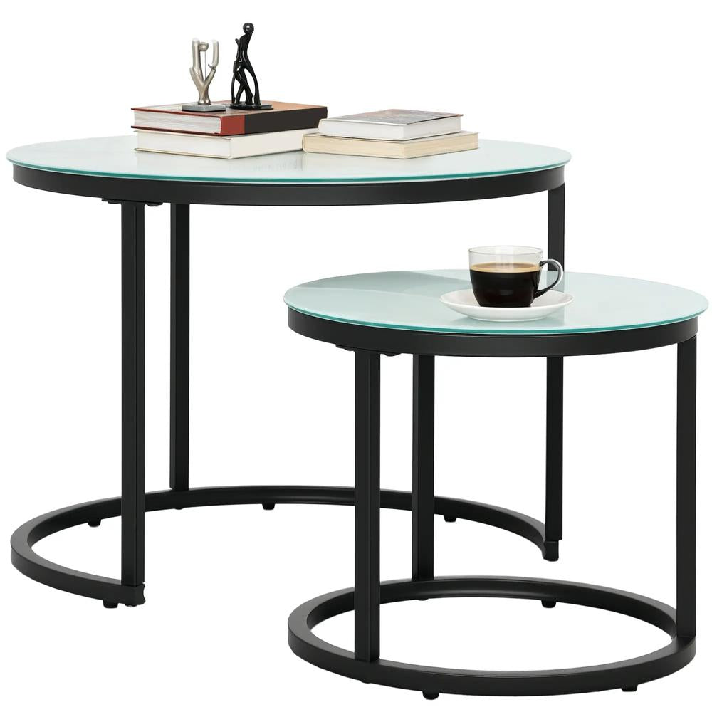 HOMCOM Glass Coffee Table Set of 2, Round Nest of Tables with Marble-Effect Tempered Glass Tabletop and Steel Frame, Modern Side Tables for Living Room, White Additional View 11