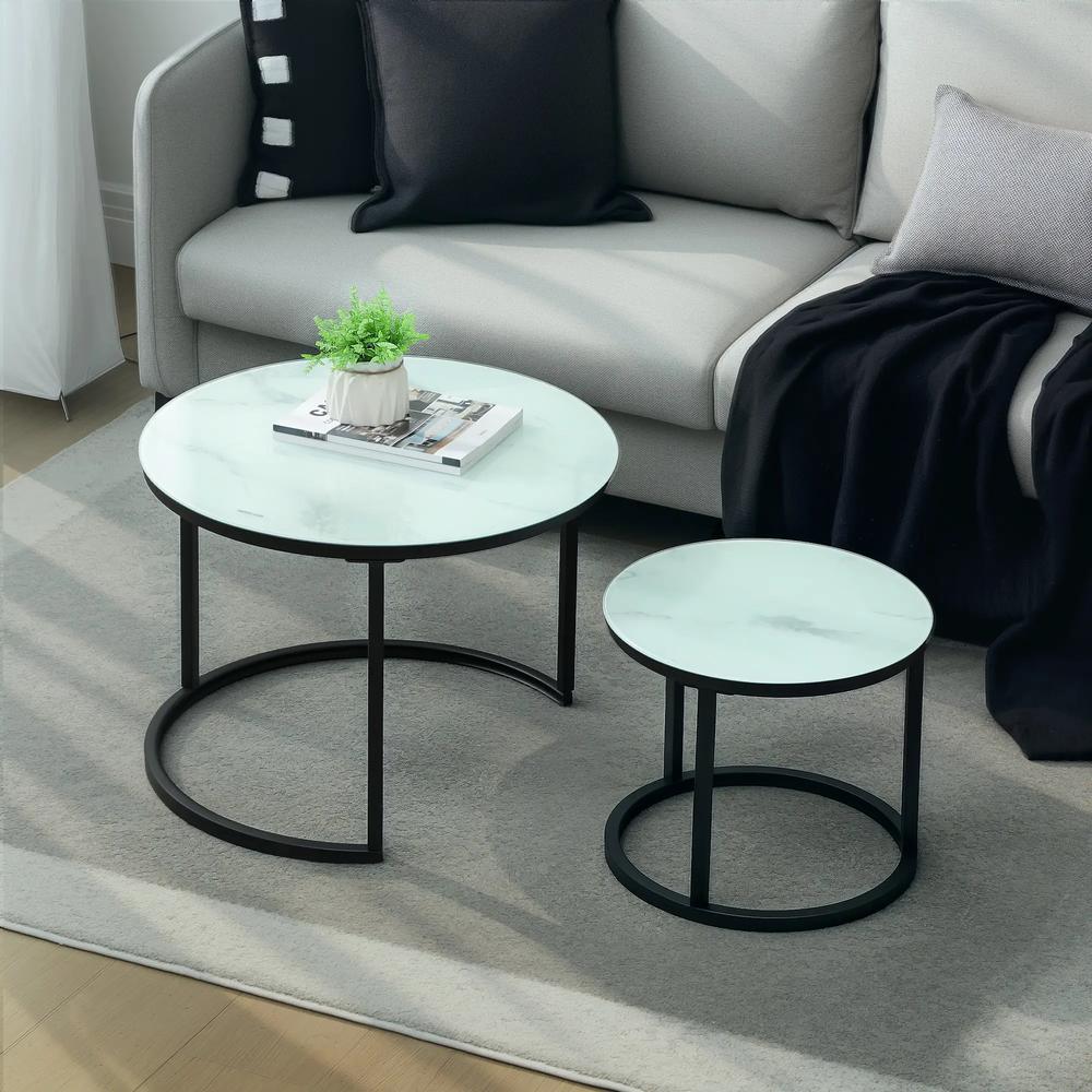 HOMCOM Glass Coffee Table Set of 2, Round Nest of Tables with Marble-Effect Tempered Glass Tabletop and Steel Frame, Modern Side Tables for Living Room, White Additional View 2