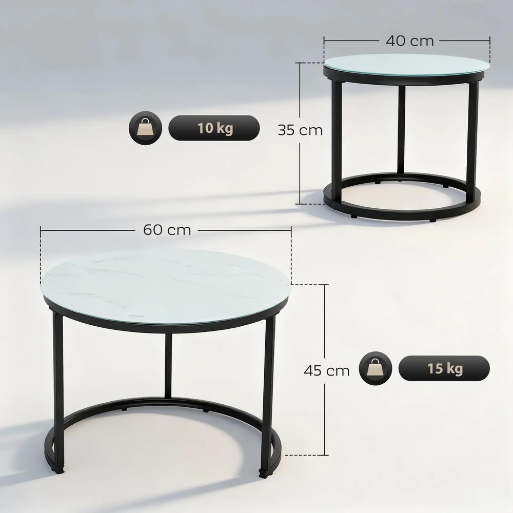 HOMCOM Glass Coffee Table Set of 2, Round Nest of Tables with Marble-Effect Tempered Glass Tabletop and Steel Frame, Modern Side Tables for Living Room, White Additional View 3