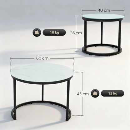 HOMCOM Glass Coffee Table Set of 2, Round Nest of Tables with Marble-Effect Tempered Glass Tabletop and Steel Frame, Modern Side Tables for Living Room, White Additional View 3