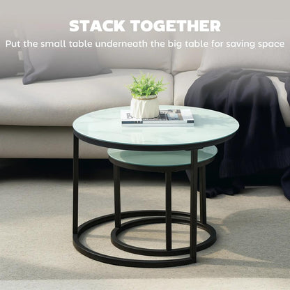 HOMCOM Glass Coffee Table Set of 2, Round Nest of Tables with Marble-Effect Tempered Glass Tabletop and Steel Frame, Modern Side Tables for Living Room, White Additional View 4