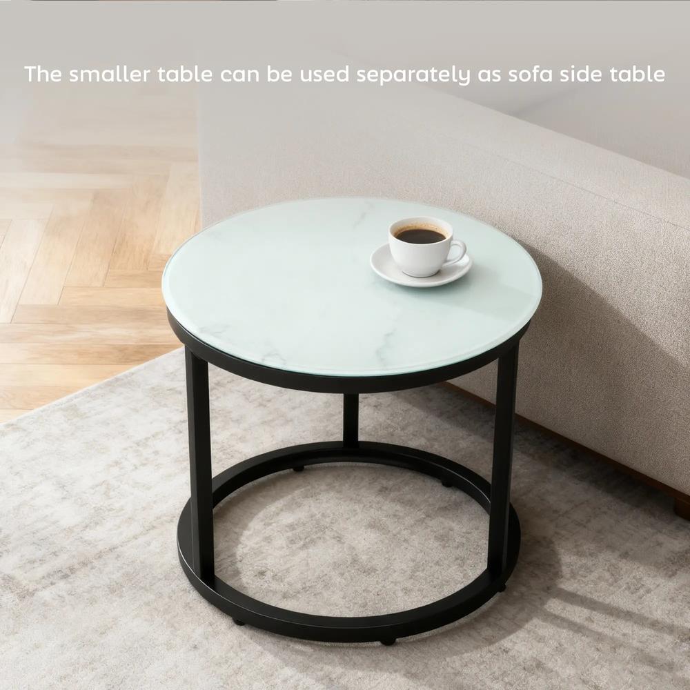 HOMCOM Glass Coffee Table Set of 2, Round Nest of Tables with Marble-Effect Tempered Glass Tabletop and Steel Frame, Modern Side Tables for Living Room, White Additional View 5