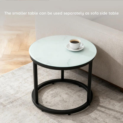 HOMCOM Glass Coffee Table Set of 2, Round Nest of Tables with Marble-Effect Tempered Glass Tabletop and Steel Frame, Modern Side Tables for Living Room, White Additional View 5