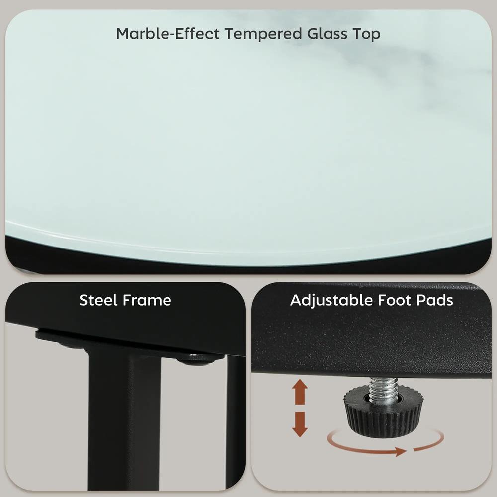 HOMCOM Glass Coffee Table Set of 2, Round Nest of Tables with Marble-Effect Tempered Glass Tabletop and Steel Frame, Modern Side Tables for Living Room, White Additional View 6