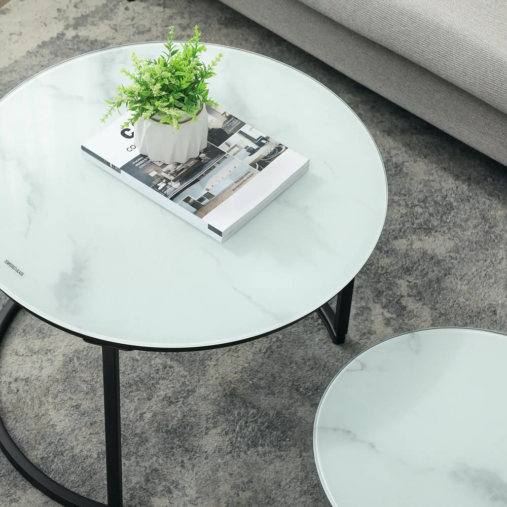 HOMCOM Glass Coffee Table Set of 2, Round Nest of Tables with Marble-Effect Tempered Glass Tabletop and Steel Frame, Modern Side Tables for Living Room, White Additional View 7