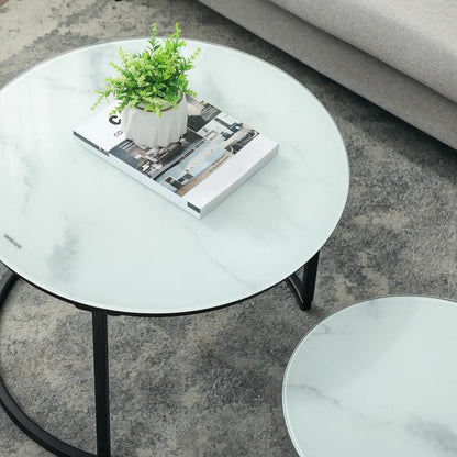HOMCOM Glass Coffee Table Set of 2, Round Nest of Tables with Marble-Effect Tempered Glass Tabletop and Steel Frame, Modern Side Tables for Living Room, White Additional View 7