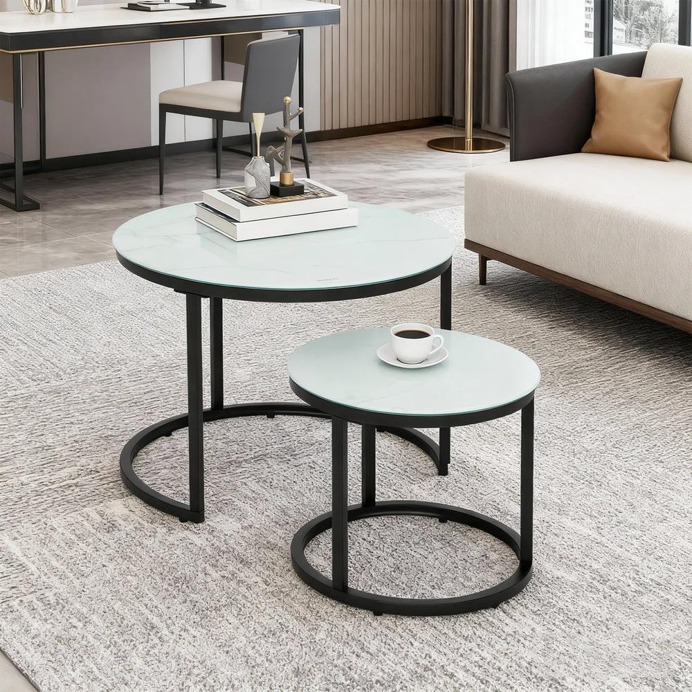 HOMCOM Glass Coffee Table Set of 2, Round Nest of Tables with Marble-Effect Tempered Glass Tabletop and Steel Frame, Modern Side Tables for Living Room, White Additional View 8