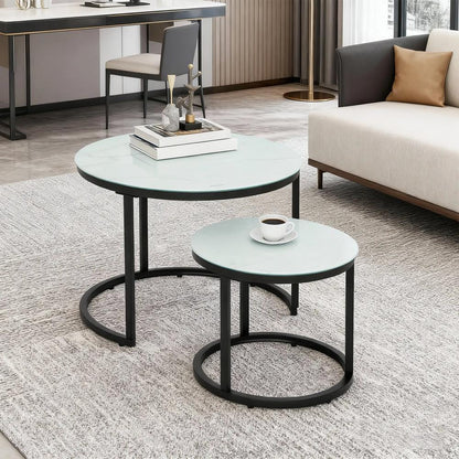HOMCOM Glass Coffee Table Set of 2, Round Nest of Tables with Marble-Effect Tempered Glass Tabletop and Steel Frame, Modern Side Tables for Living Room, White Additional View 8