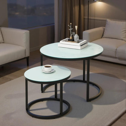 HOMCOM Glass Coffee Table Set of 2, Round Nest of Tables with Marble-Effect Tempered Glass Tabletop and Steel Frame, Modern Side Tables for Living Room, White Additional View 9