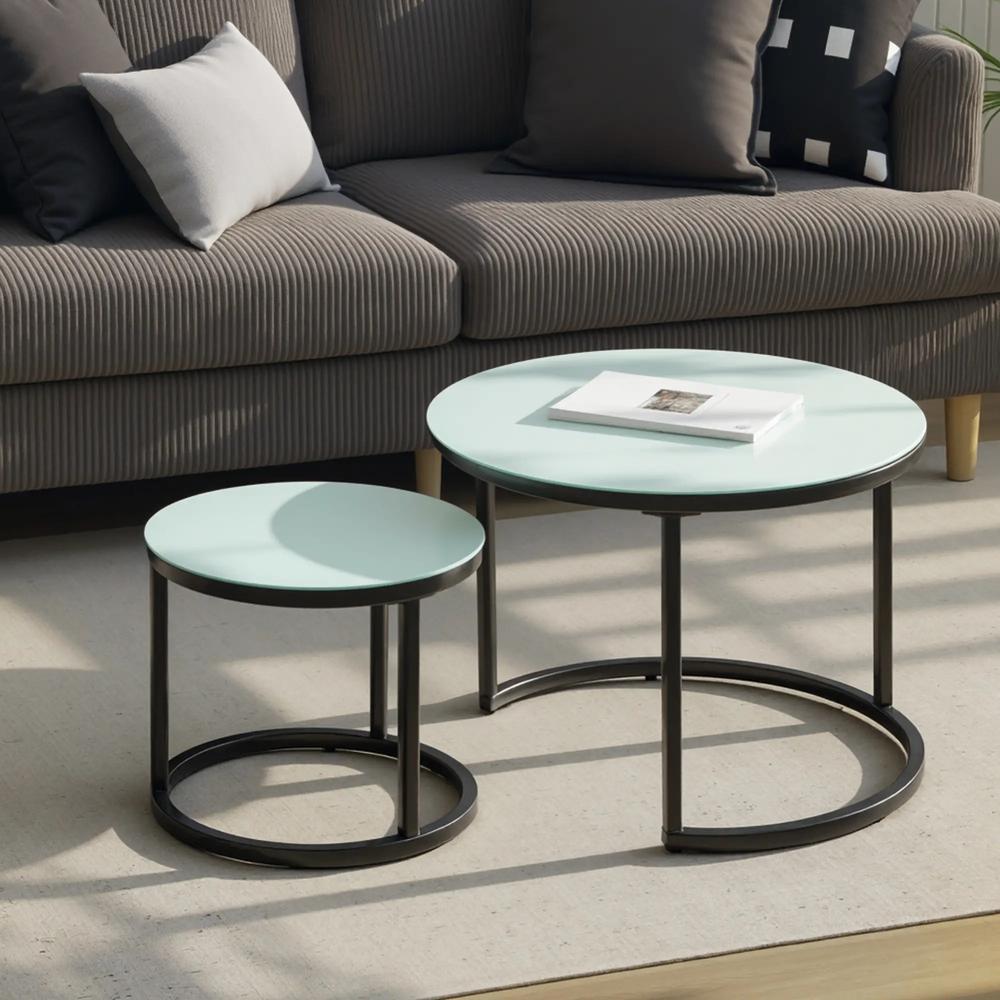 HOMCOM Glass Coffee Table Set of 2, Round Nest of Tables with Marble-Effect Tempered Glass Tabletop and Steel Frame, Modern Side Tables for Living Room, White Additional View 10