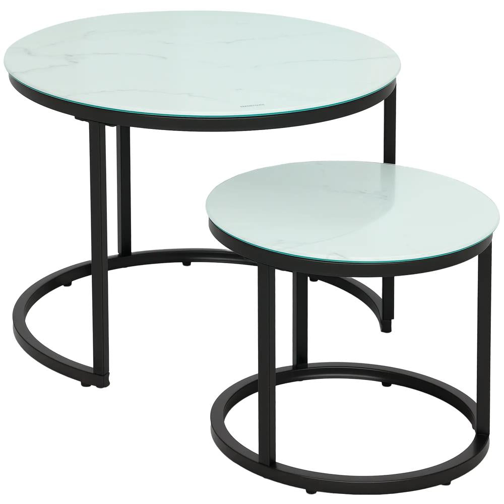 HOMCOM Glass Coffee Table Set of 2, Round Nest of Tables with Marble-Effect Tempered Glass Tabletop and Steel Frame, Modern Side Tables for Living Room, White