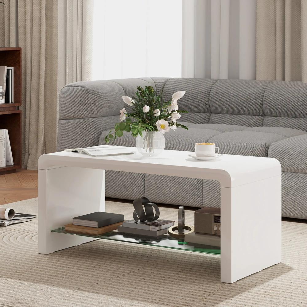 HOMCOM Curved Two-Tier Coffee Table - High Gloss White Additional View 2