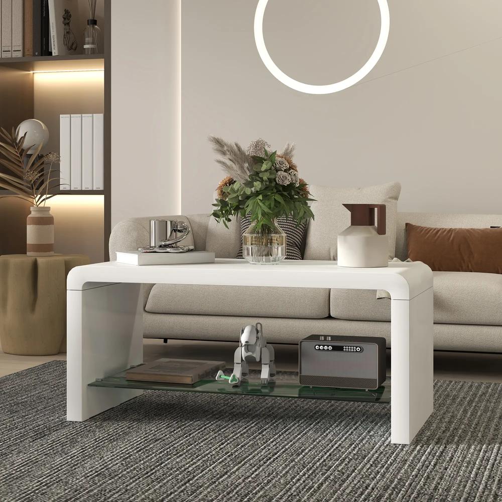 HOMCOM Curved Two-Tier Coffee Table - High Gloss White Additional View 7