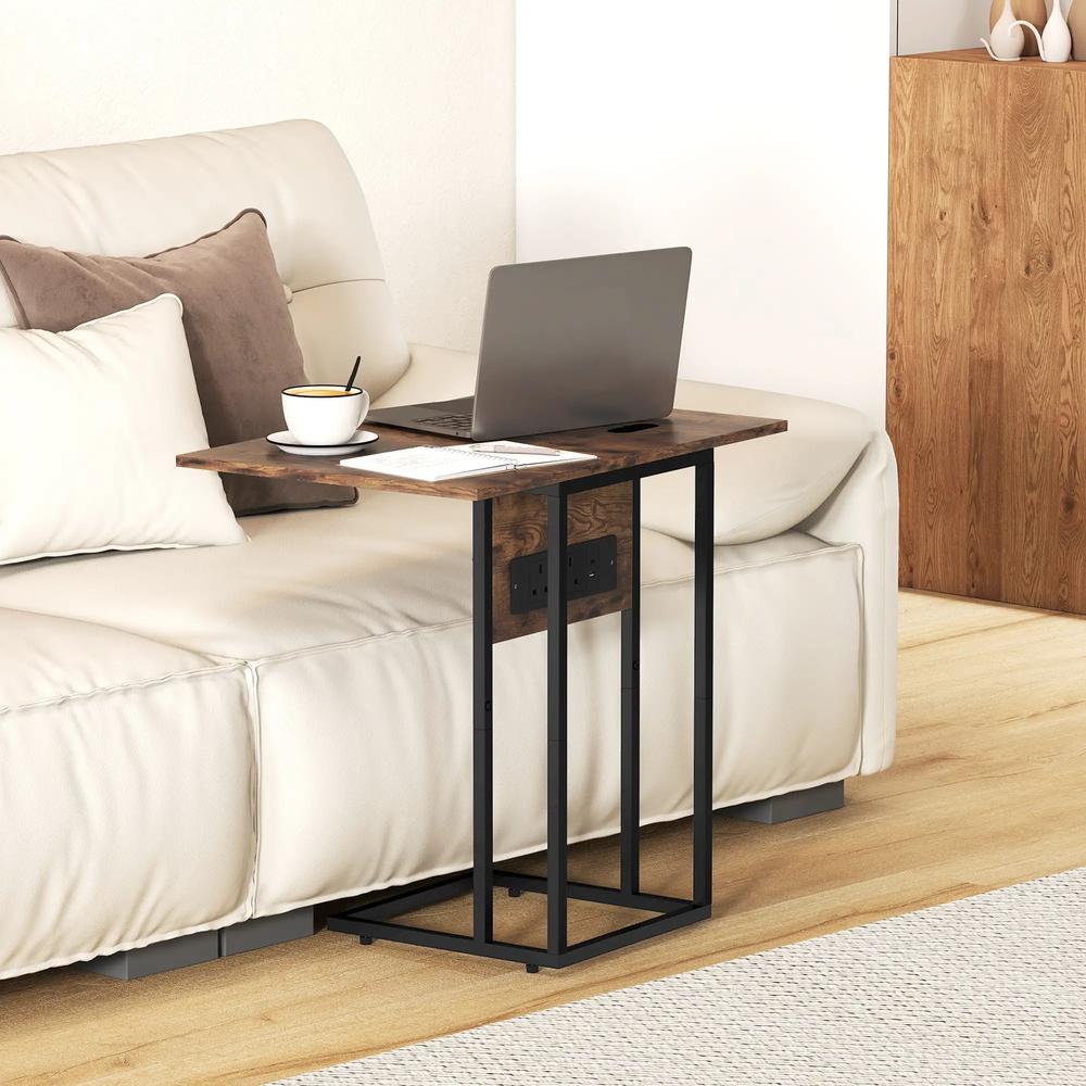 HOMCOM C Shaped Side Table with Charging Station and Foldable Top - Rustic Brown Additional View 2