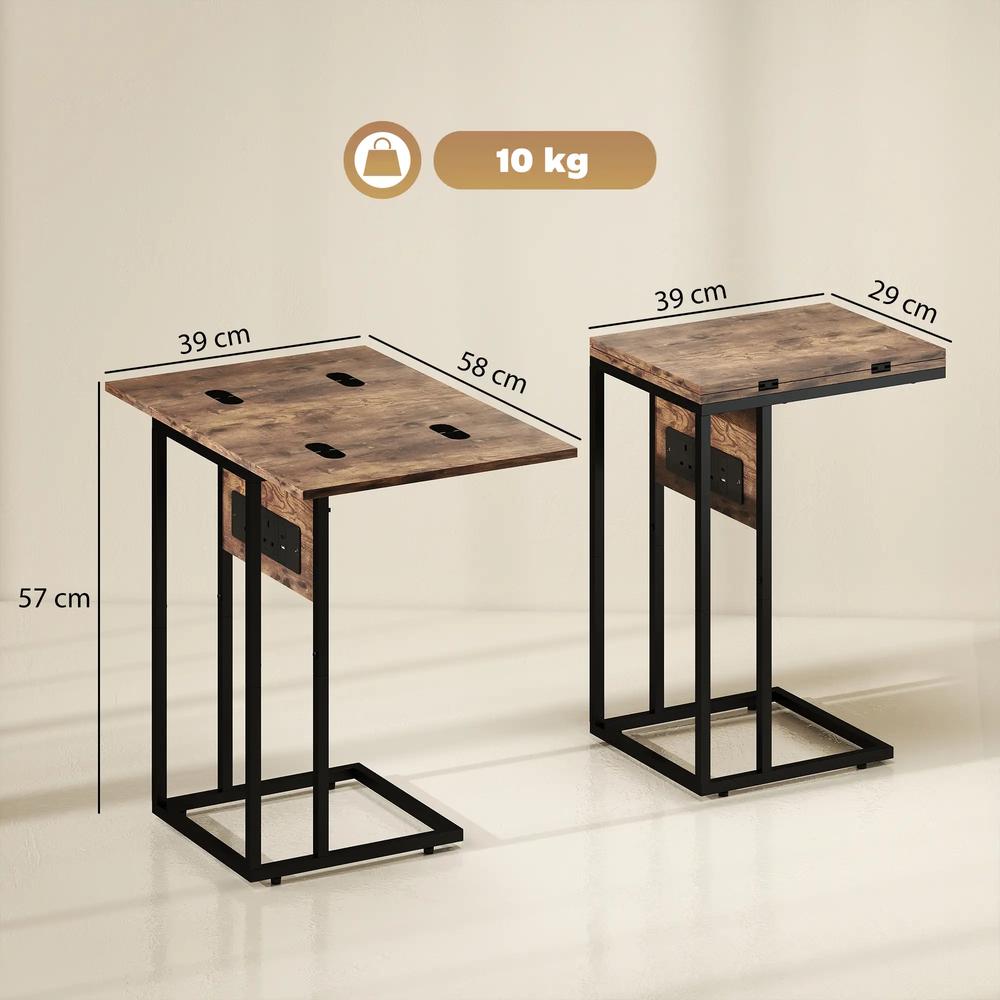 HOMCOM C Shaped Side Table with Charging Station and Foldable Top - Rustic Brown Additional View 3
