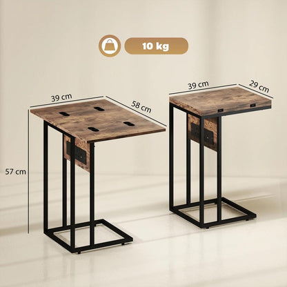 HOMCOM C Shaped Side Table with Charging Station and Foldable Top - Rustic Brown Additional View 3