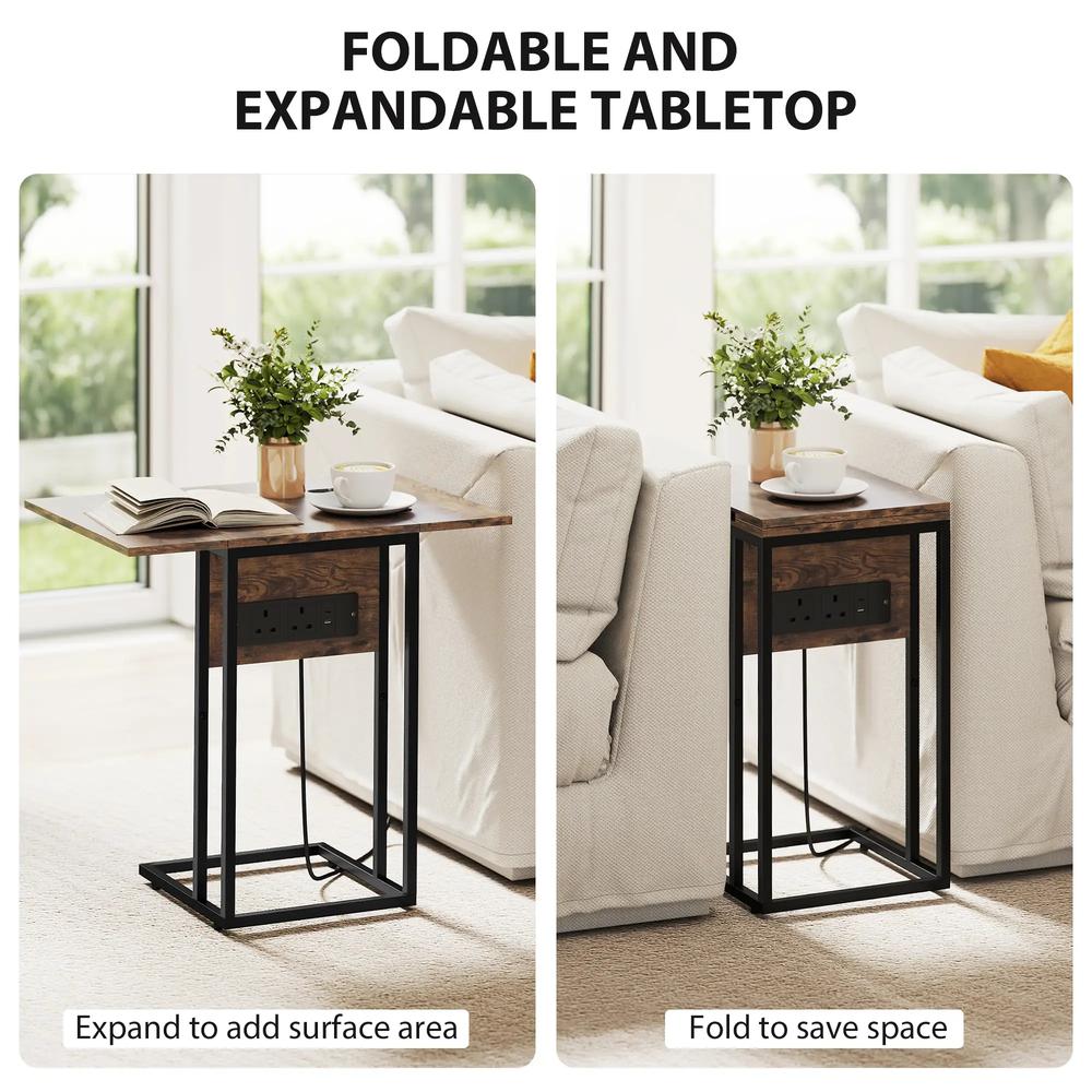 HOMCOM C Shaped Side Table with Charging Station and Foldable Top - Rustic Brown Additional View 5