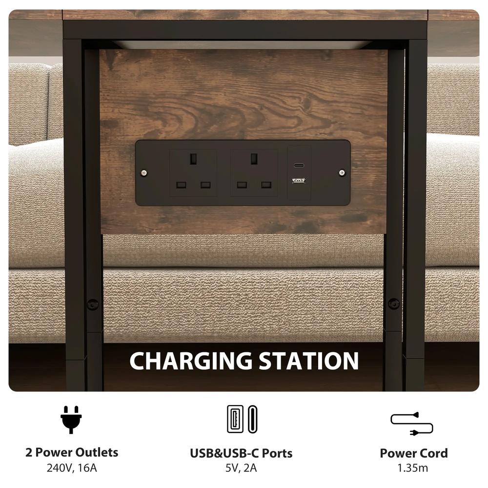 HOMCOM C Shaped Side Table with Charging Station and Foldable Top - Rustic Brown Additional View 6