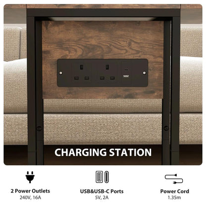 HOMCOM C Shaped Side Table with Charging Station and Foldable Top - Rustic Brown Additional View 6