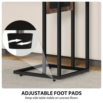 HOMCOM C Shaped Side Table with Charging Station and Foldable Top - Rustic Brown Additional View 7