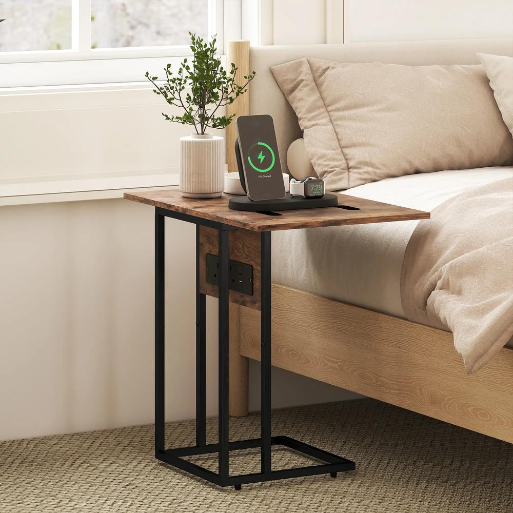 HOMCOM C Shaped Side Table with Charging Station and Foldable Top - Rustic Brown Additional View 8