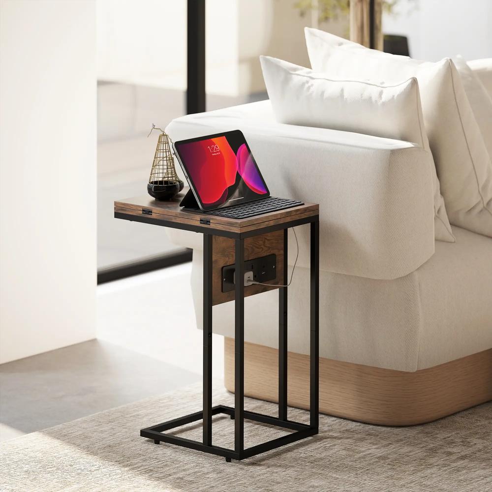 HOMCOM C Shaped Side Table with Charging Station and Foldable Top - Rustic Brown Additional View 9