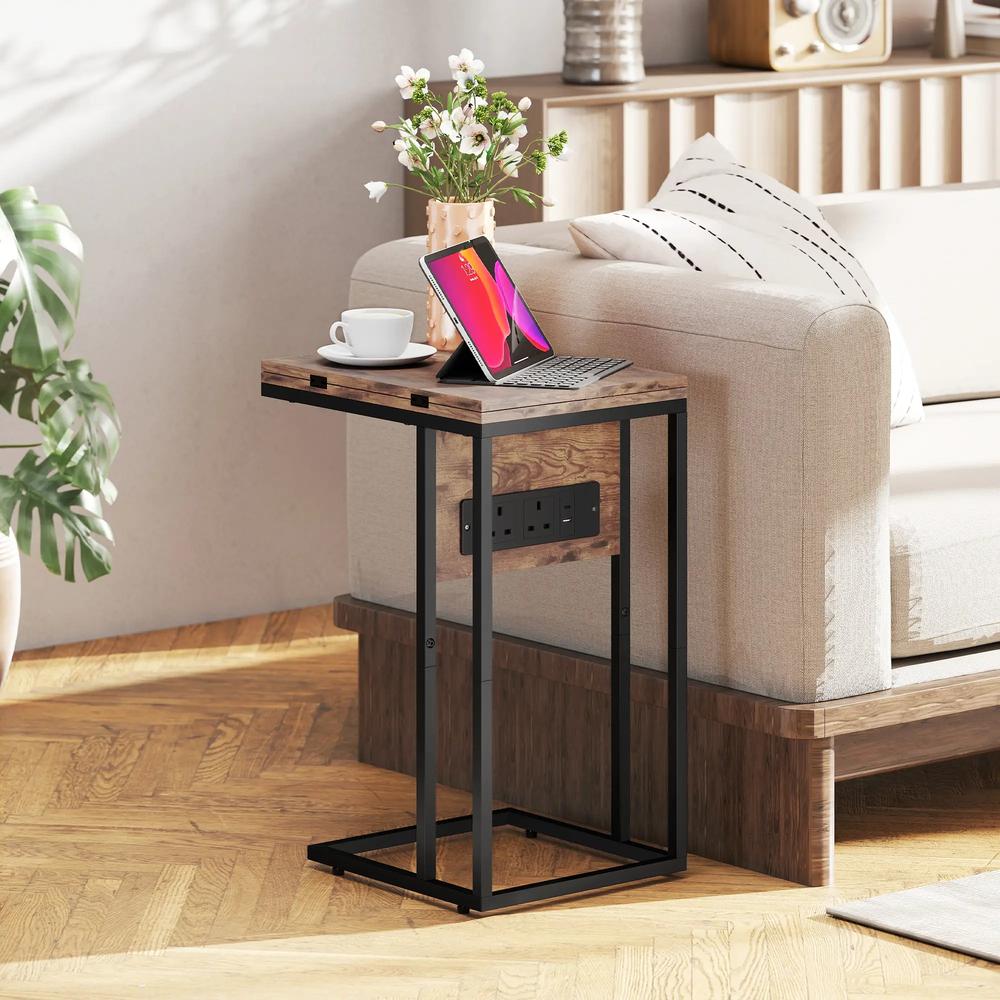HOMCOM C Shaped Side Table with Charging Station and Foldable Top - Rustic Brown Additional View 10