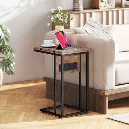 HOMCOM C Shaped Side Table with Charging Station and Foldable Top - Rustic Brown Additional View 10