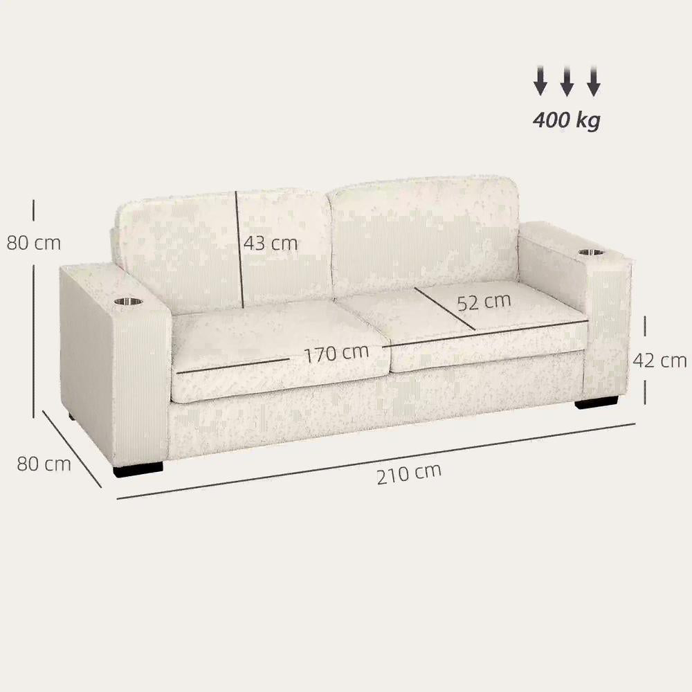 HOMCOM Three-Seater Corduroy Sofa - Cream White Additional View 3