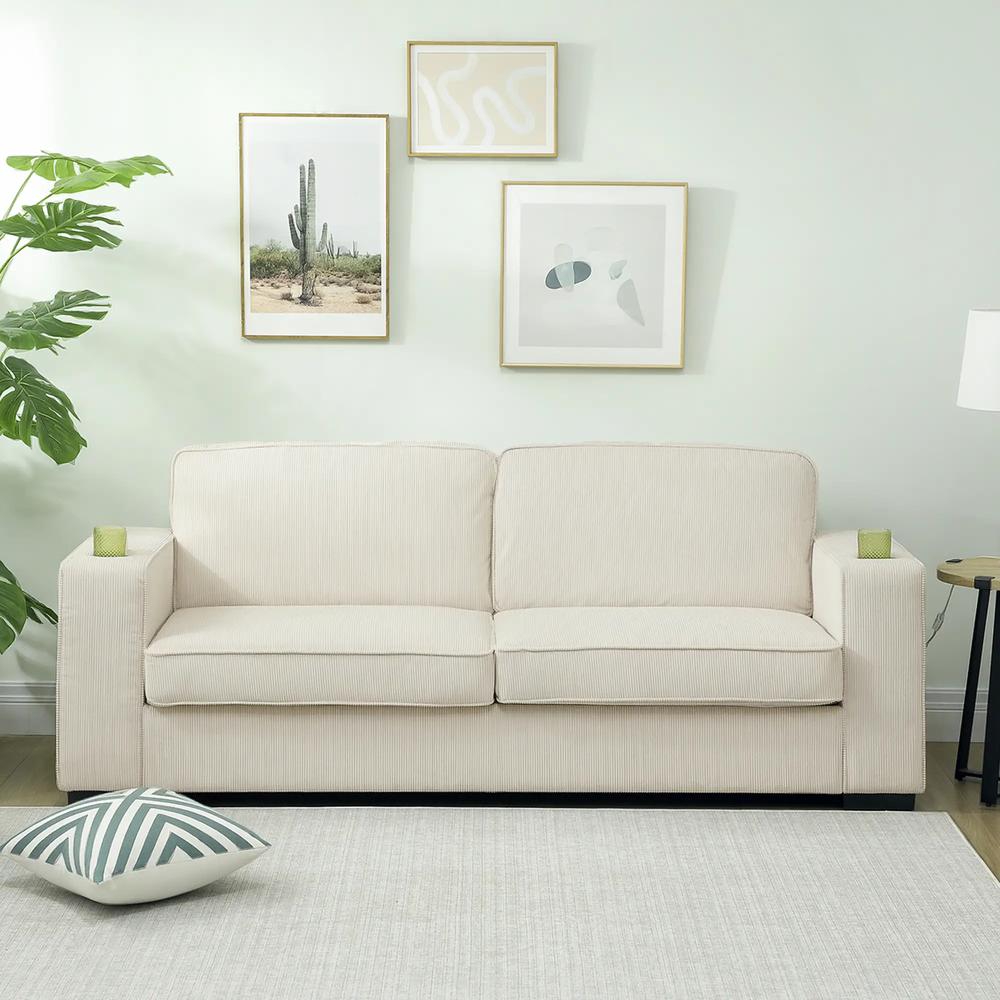 HOMCOM Three-Seater Corduroy Sofa - Cream White Additional View 8