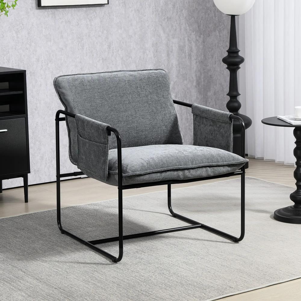 HOMCOM Minimal Padded Accent Chair, with Pockets - Grey Additional View 2