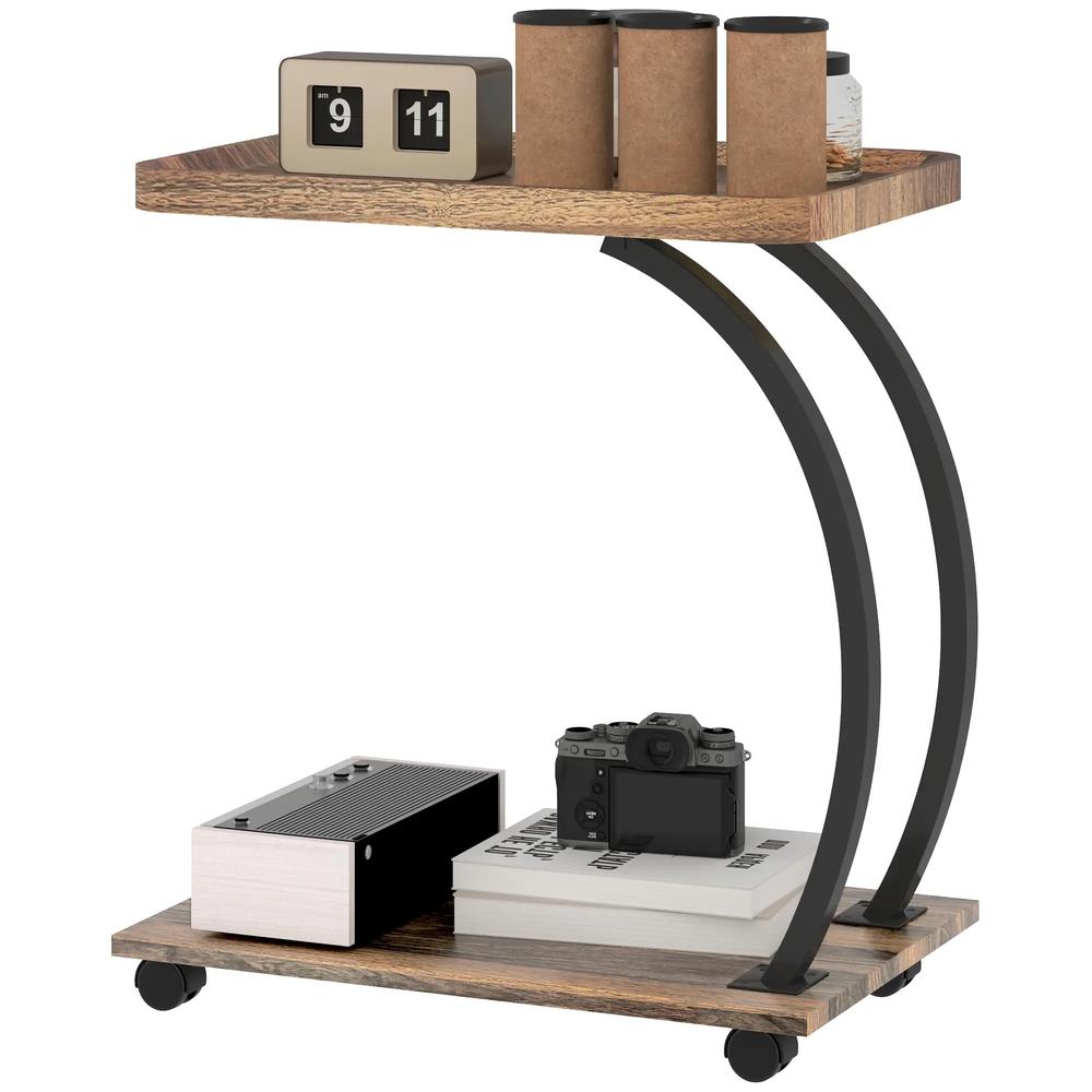 HOMCOM 2-Tier Mobile C-Shaped Side Table - Brown Additional View 11