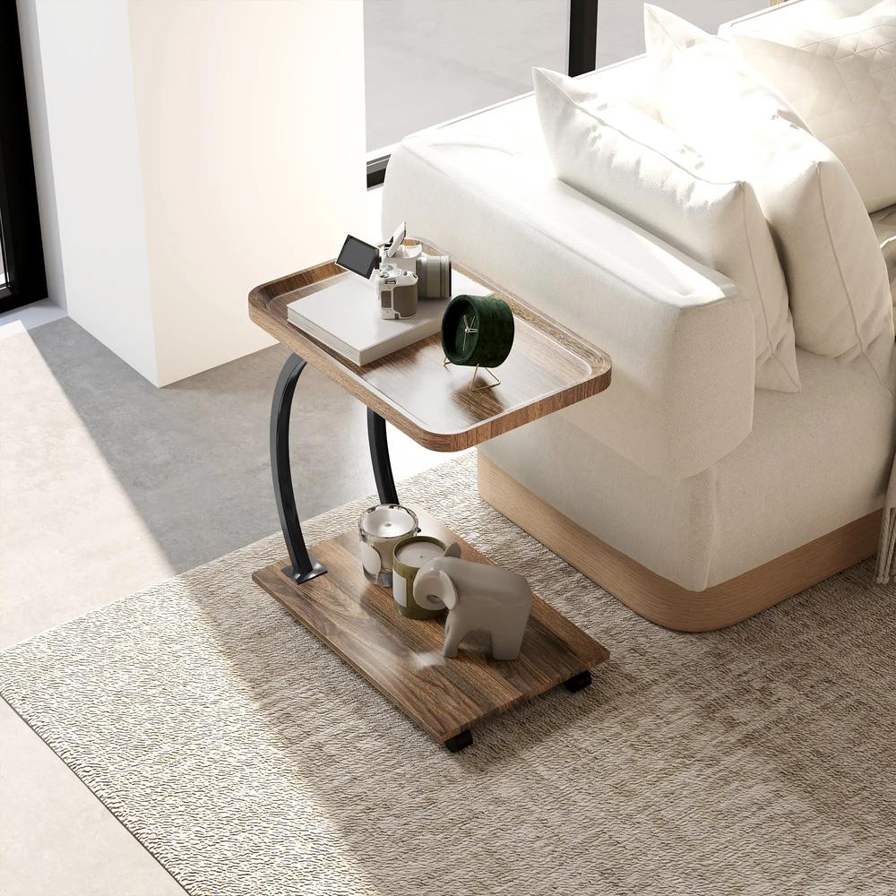 HOMCOM 2-Tier Mobile C-Shaped Side Table - Brown Additional View 2