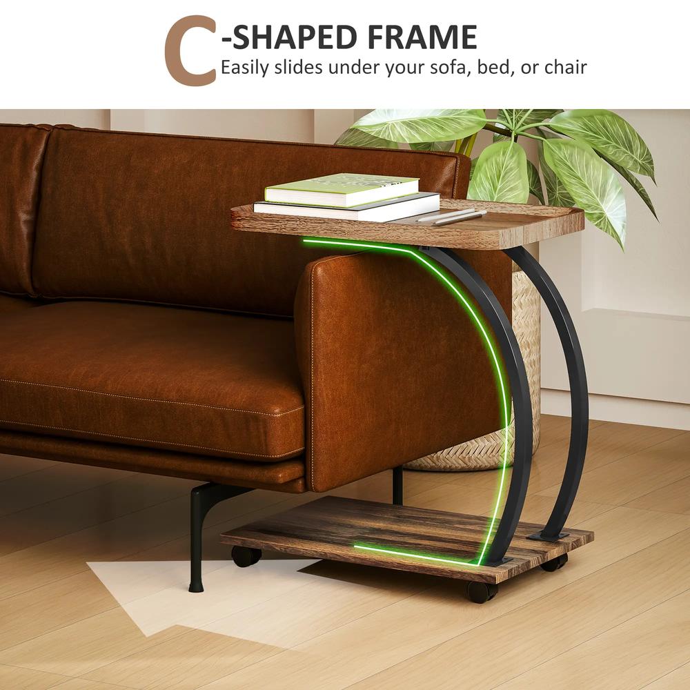 HOMCOM 2-Tier Mobile C-Shaped Side Table - Brown Additional View 4