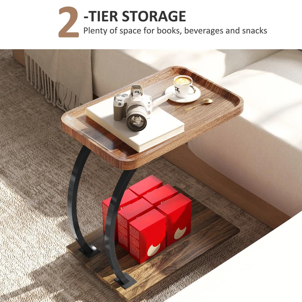 HOMCOM 2-Tier Mobile C-Shaped Side Table - Brown Additional View 5