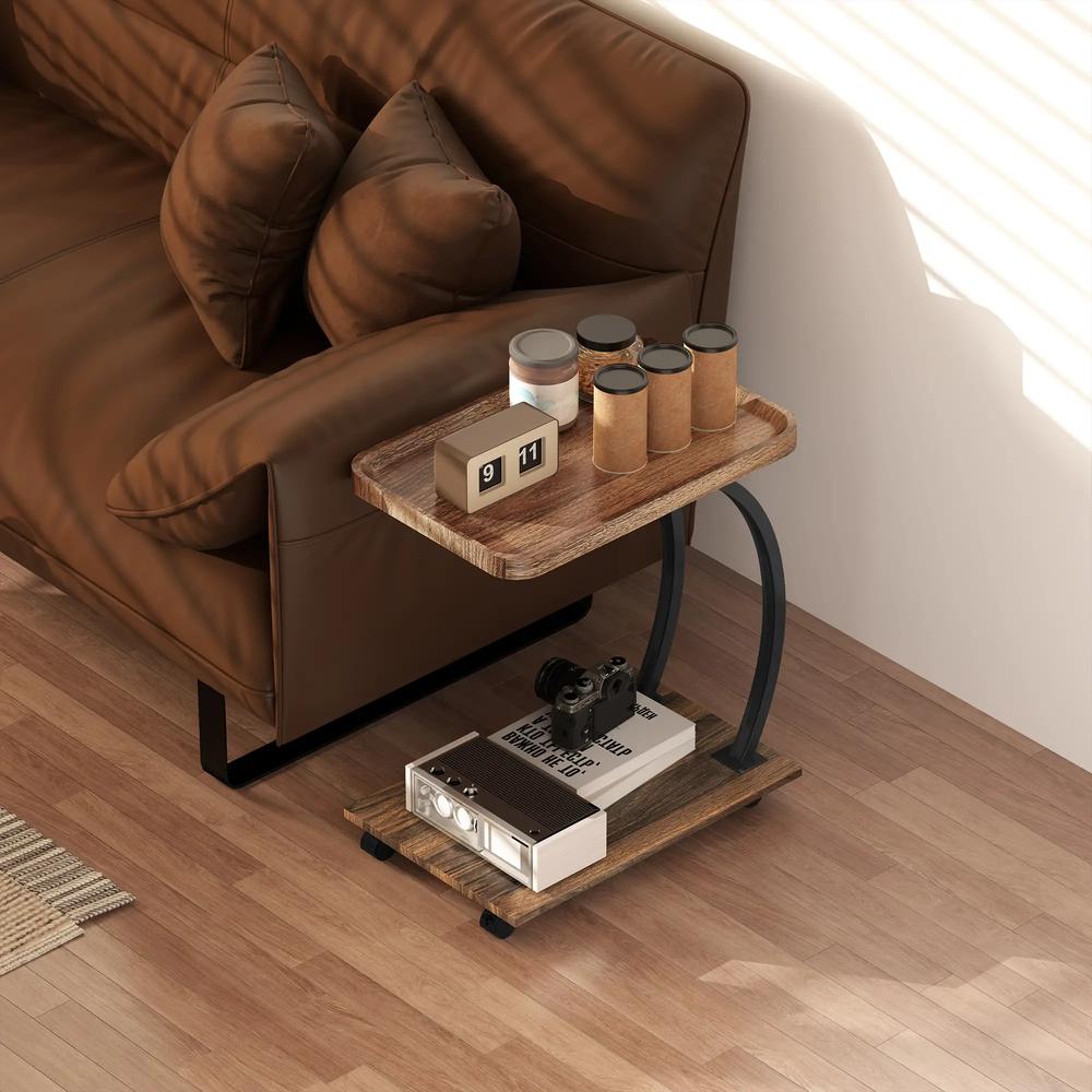 HOMCOM 2-Tier Mobile C-Shaped Side Table - Brown Additional View 9