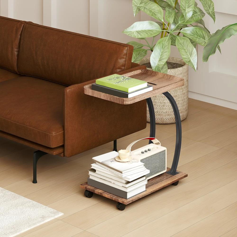 HOMCOM 2-Tier Mobile C-Shaped Side Table - Brown Additional View 10