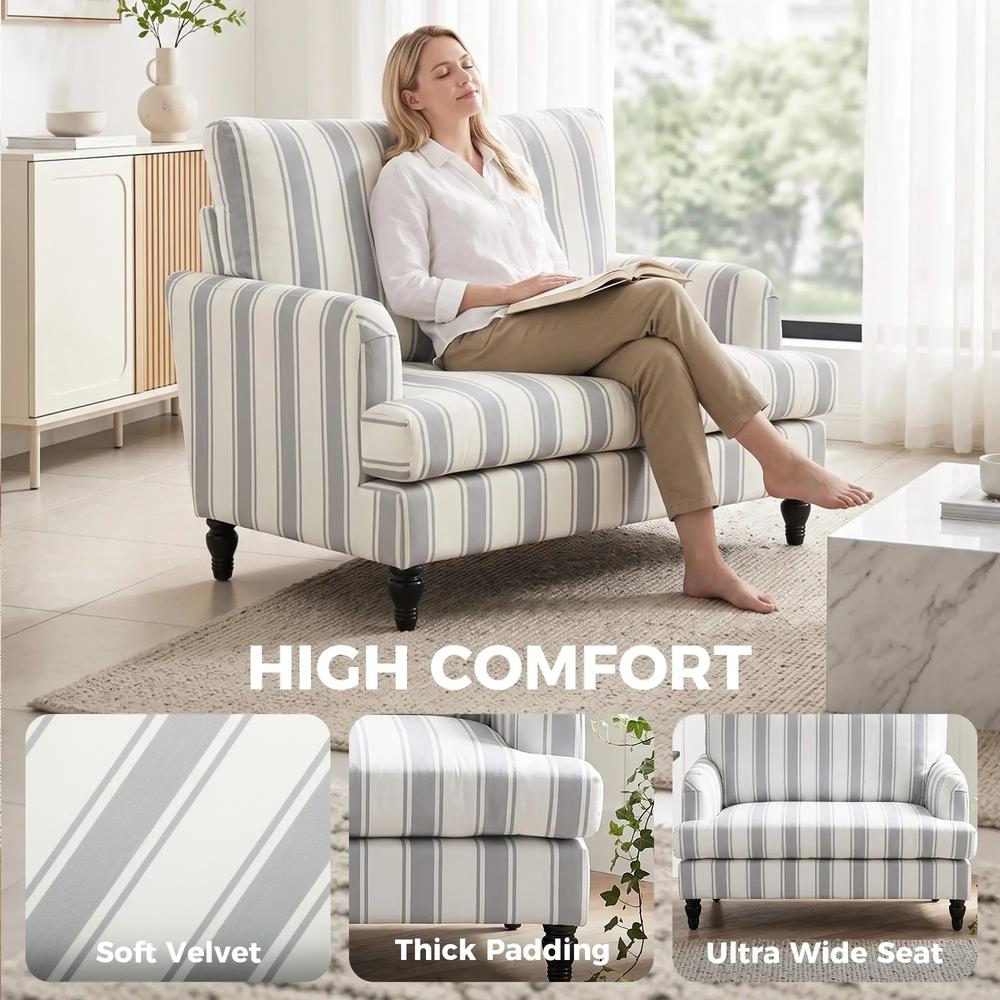 HOMCOM Velvet Single Sofa Armchair, Modern Accent Chair with Stripes, Turned Legs and Wide Seat, Grey Additional View 5