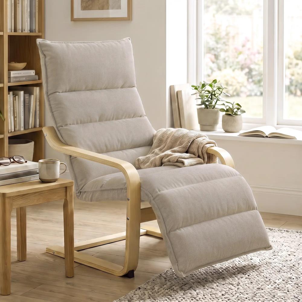 HOMCOM Curved Wooden Accent Chair, Armchair with Adjustable Footrest, Light Brown Additional View 2