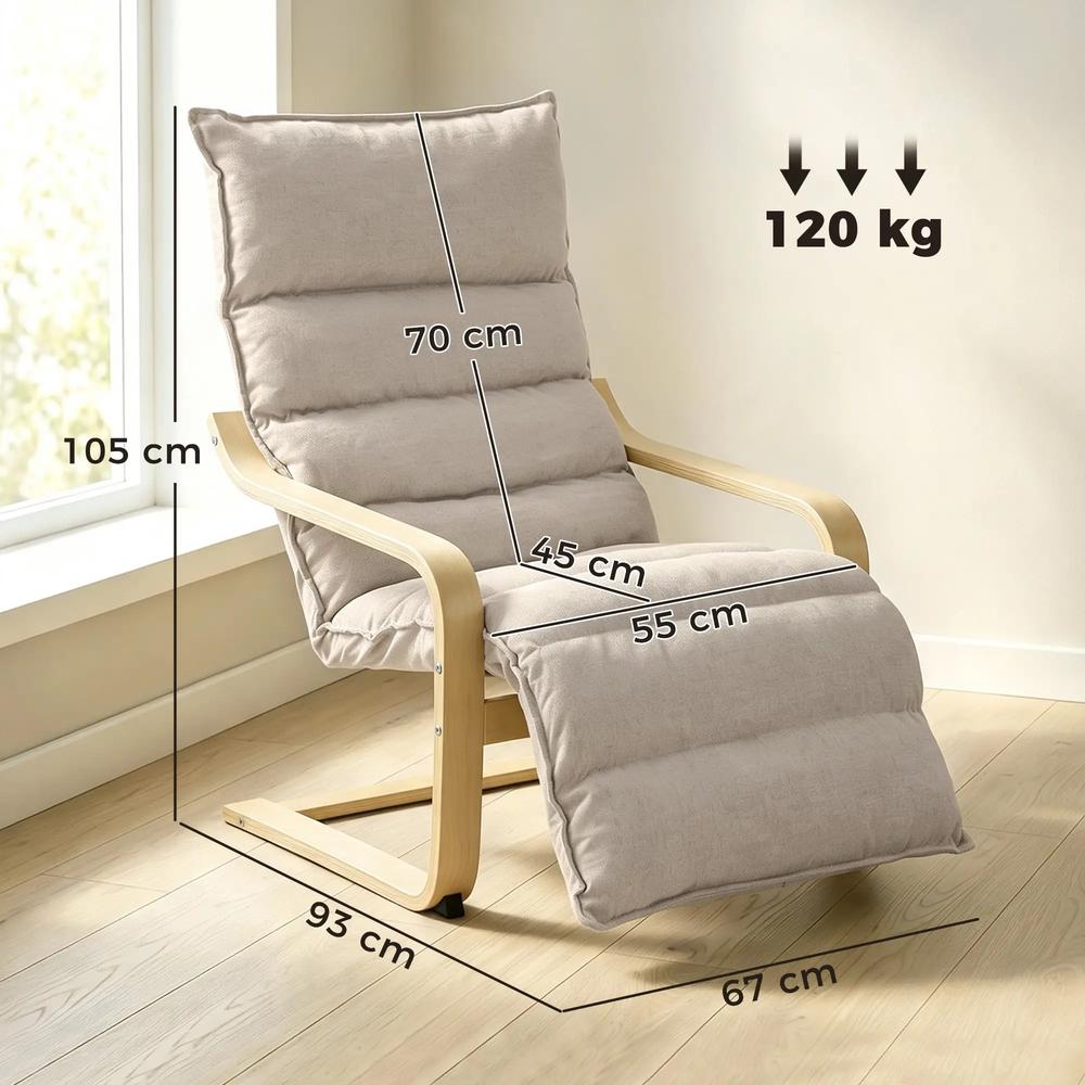 HOMCOM Curved Wooden Accent Chair, Armchair with Adjustable Footrest, Light Brown Additional View 3
