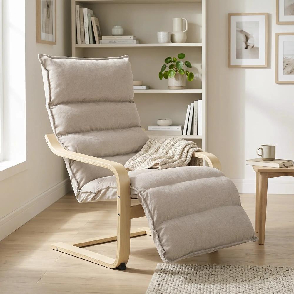 HOMCOM Curved Wooden Accent Chair, Armchair with Adjustable Footrest, Light Brown Additional View 9
